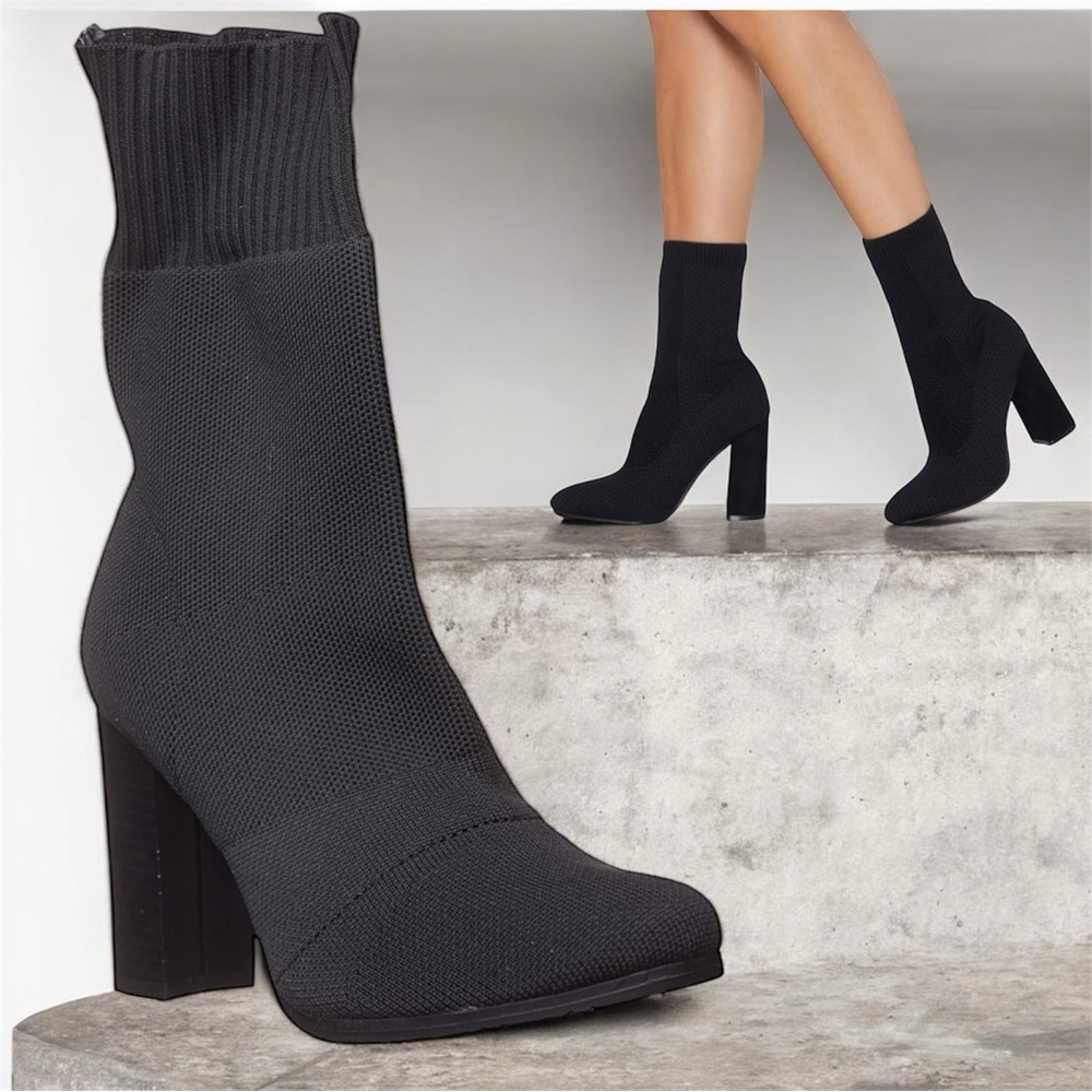 New SOCK STYLE ANKLE BOOTS Black Block Heel Size 8 Knitted Booties